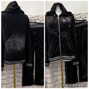 BCBG Maxazria:L Women Black Velour Rhinestone-Trim Lounge Set